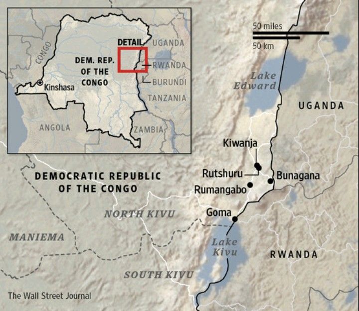 a map showing the North Kivu Province of DRC and other neighbouring states including Rwanda